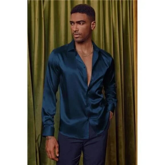 Men's Shiny Satin Shirts Long Sleeve Navy Blue Dress Shirt - Picture 2 of 7